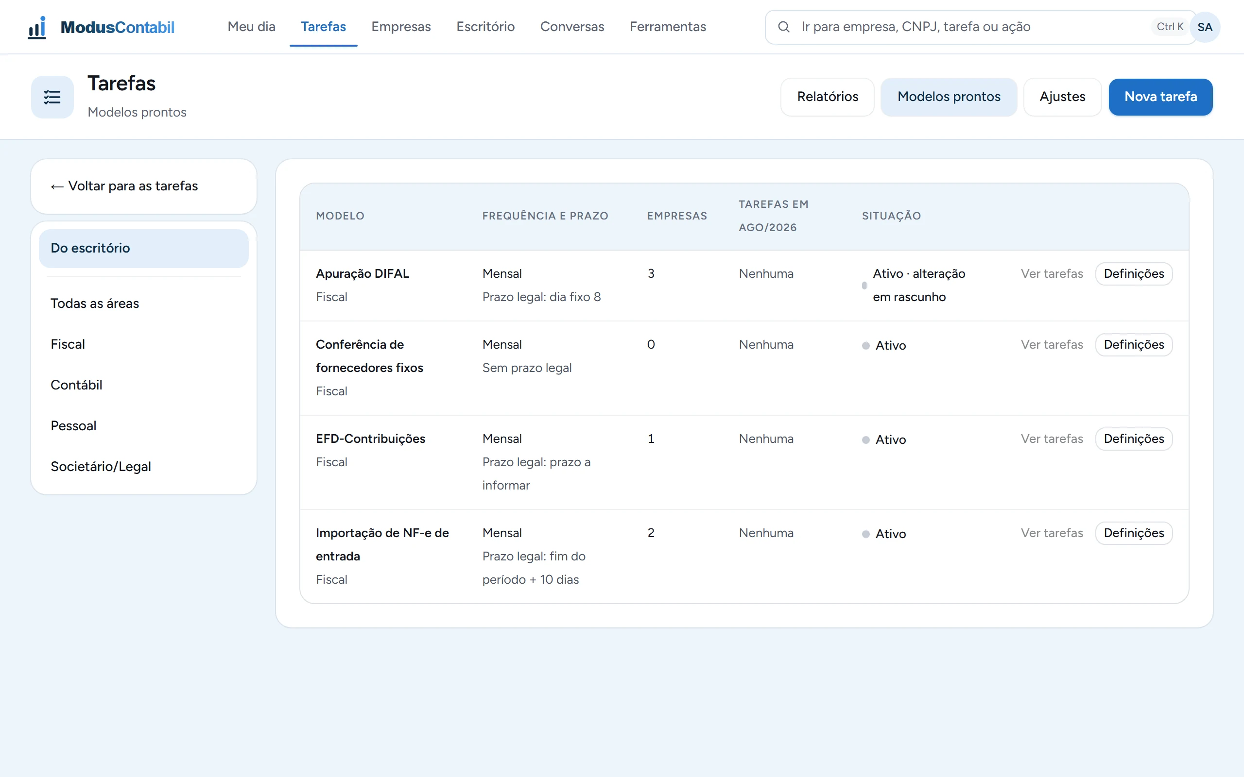 Real ModusContabil screen: the firm's task templates, such as the DIFAL calculation and EFD-Contribuições, with frequency, deadline, number of companies and status.