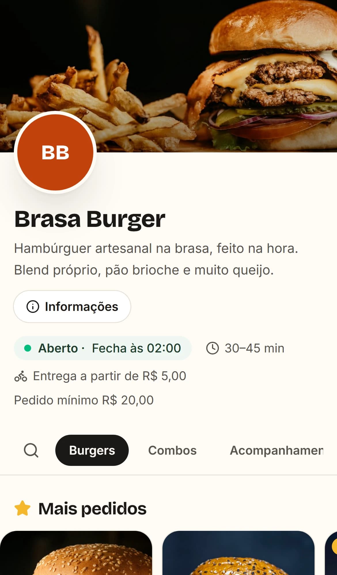 Real MenuPróprio screen on a phone: the menu of a demo burger restaurant, with opening hours, delivery time, minimum order and categories.