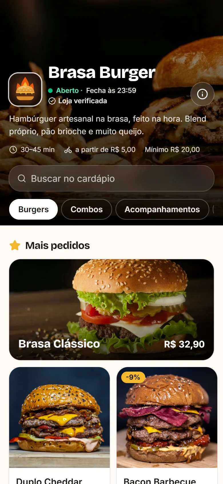 MenuPróprio on the customer phone: the demo burger shop menu, with a verified store.